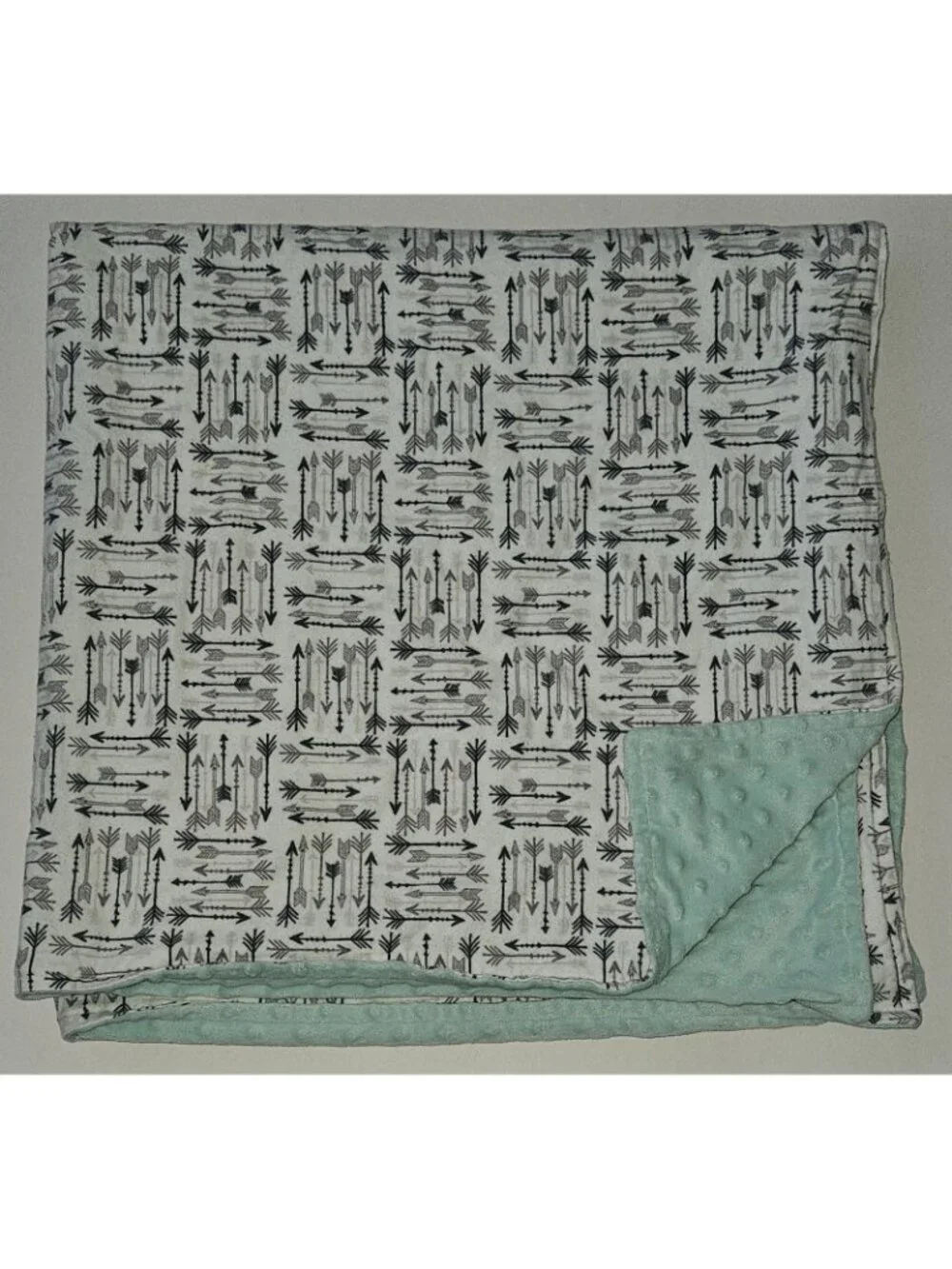 Handmade Baby Blanket White Gray Arrows Mint Green Fleece Minky Dots 38x40